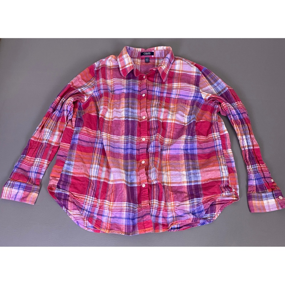 Chaps Denim Button Up Shirt Womens 2X Linen Cotton Plaid Pink Purple Long Sleeve